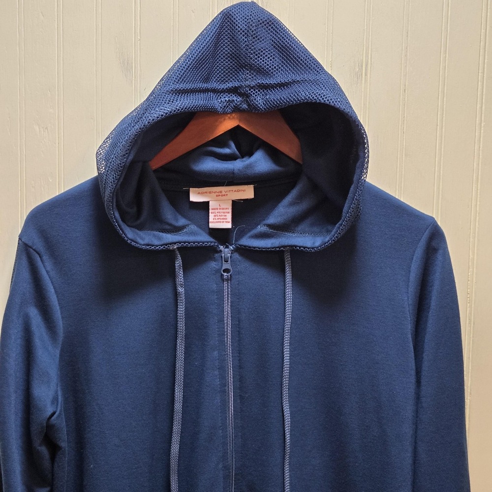Adrienne Vittadini Sport Hoodie Womens Large Blue Full Zip Mesh Hood Pockets